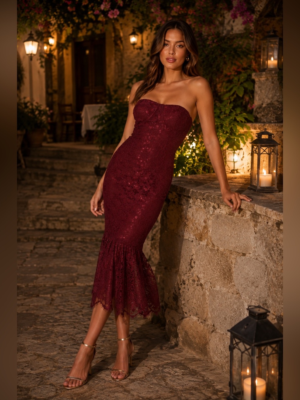 Lulu's Burgundy Maroon Lace Divine Nights Strapless Midi Dress Size Medium